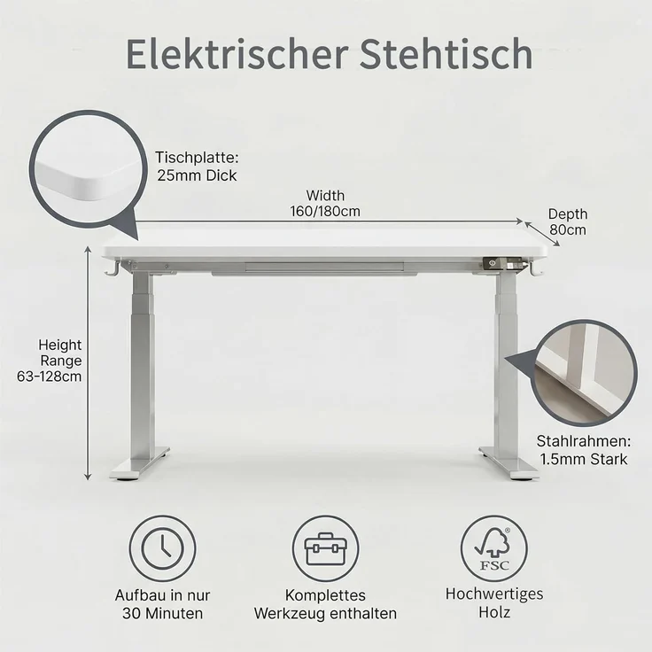 Devoko Höhenverstellbarer Schreibtisch 180x80 cm elektrisch, Höhenverstellung 71-121 cm mit Smart Control, 120 kg Tragkraft, für gesundes Arbeiten – Bild 2