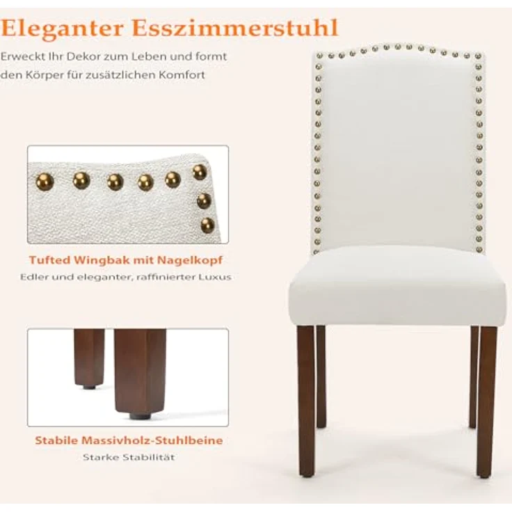 Sweetcripy Esszimmerstuhl (2er Set), Hochwertige gepolsterte Leder-Esszimmerstühle mit Nagelkopfverzierung und Holzbeinen, Esszimmerstühle für Schlafzimmer, Wohnzimmer, Esszimmer, Beige White – Bild 8