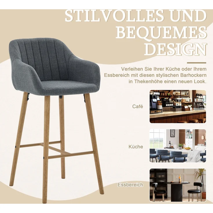 LVHOM Barhocker 2er Set, Barstühle mit Rückenlehnen und Armlehnen, Tresenhocker mit Holzbeinen, Tresenstuhl Stoff, Grau – Bild 6