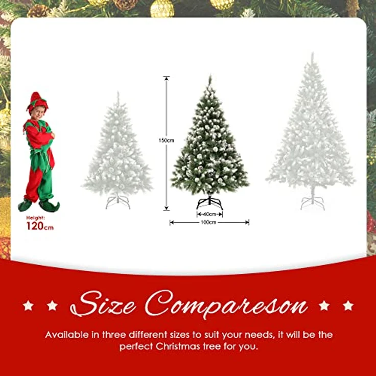 GIGALUMI Künstlicher Weihnachtsbaum mit Schnee-Effekt 150cm 760 Spitzen Tannenbaum mit beschneiten Ästen und Tannenzapfen inkl. Metallständer – Bild 5