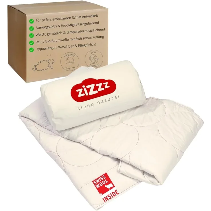 zizzz 4 Jahreszeiten Bio Bettdecke 220x240 cm - Atmungsaktiv & unglaublich weich - Natur Decke mit Swisswool Füllung (290g/m2) - Hochwertiges Duvet für das ganze Jahr