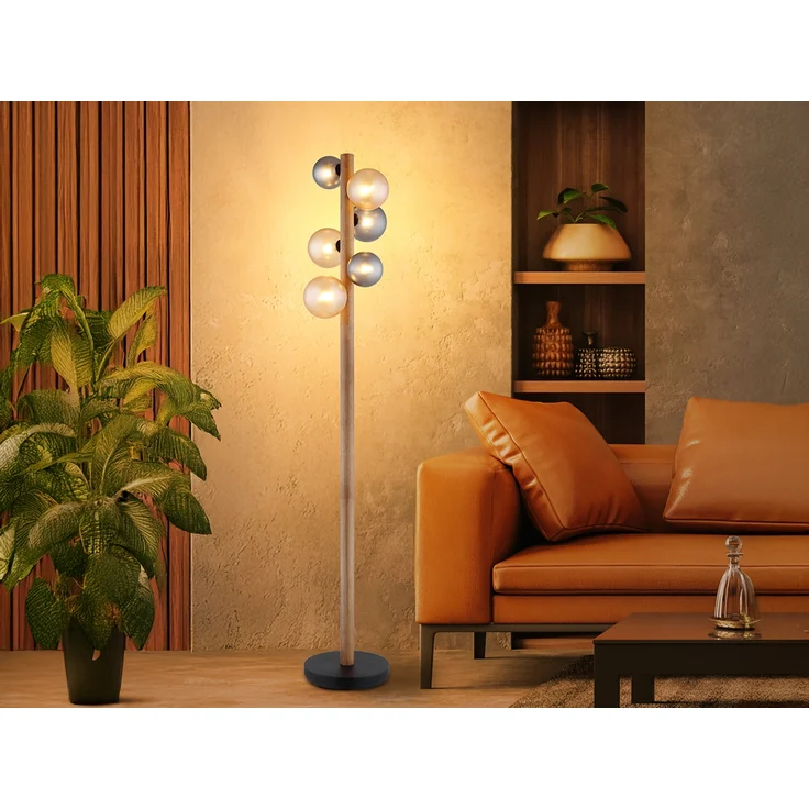 LED Stehleuchte aus Holz 6-flammig Glaskugeln Rauchglas & Bernstein, H: 150cm – Bild 7
