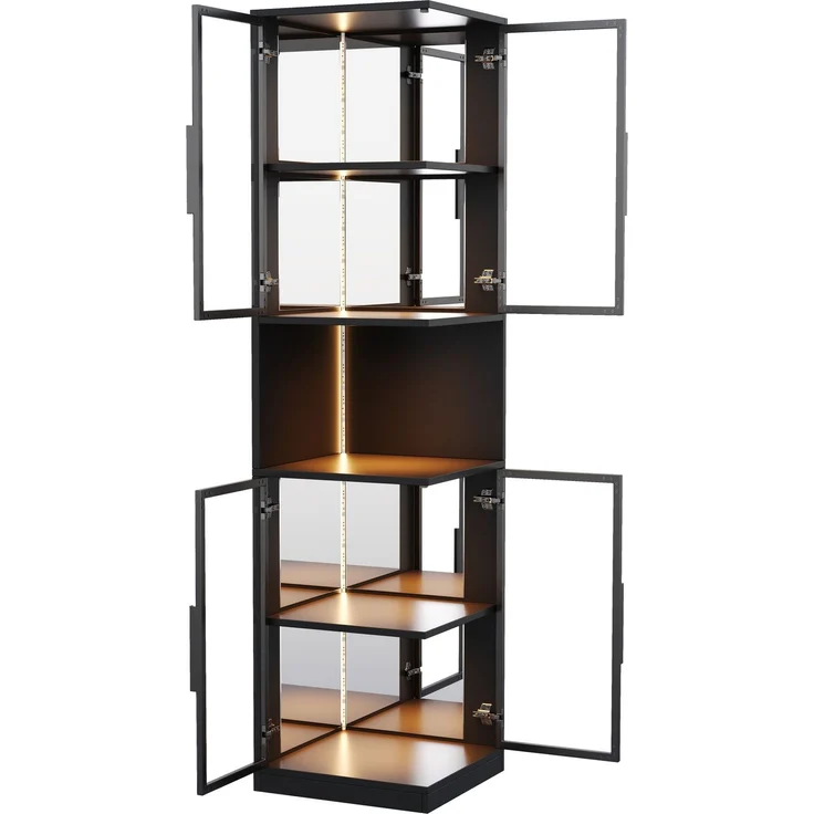Vitrinenschrank 42 x 44 x 205 cm in Schwarz mit LED-Beleuchtung und Glastüren – Bild 7