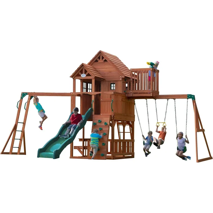 Backyard Discovery Spielturm Skyfort II aus Holz XXL Spielhaus für Kinder mit Rutsche, Schaukel, Trapezstange, Kletterwand und Aussichtsturm | Braun | Holz | 670 cm