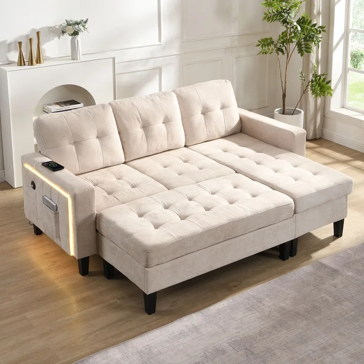 EINHOM L-Form Wohnzimmer-Sofagruppe: Mit extra großer beweglicher Fußbank + LED-Ambiente-Beleuchtung, Dreisitzer-L-Form-Sofa + Zweisitzer-Fußbank-Kombination, Modulares Sofa