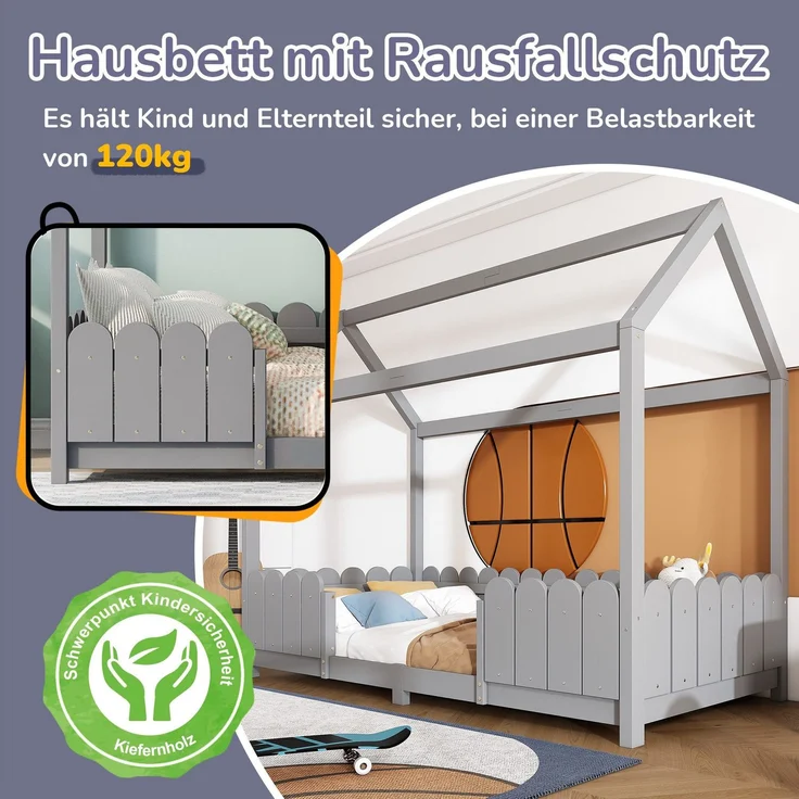 Hausbett mit Lattenrost, 90x200 cm, Kinderbett mit Rausfallschutz, Kiefer – Bild 5