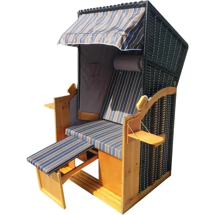 Strandkorb Helgoland 2-Sitzer für 2 Personen 90cm breit Braun Blau Weiß Grau gestreift Gartenliege Sonneninsel Poly-Rattan