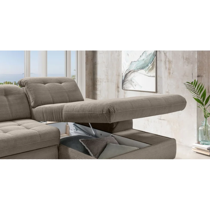 Polsterecke >Devland< Schlaffunktion, Stauraum, Cord grau-braun - 273x105x189cm (BxHxT) – Bild 4