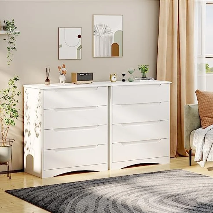 Bealife Kommode Weiß, Schlafzimmer Kommode mit 4 Geräumige Schubladen, Schrank mit Schubladen mit Ausgeschnittenen Griffen und Kippsicherung, Schubladenschrank Ideal für Wohnzimmer, Büro – Bild 9