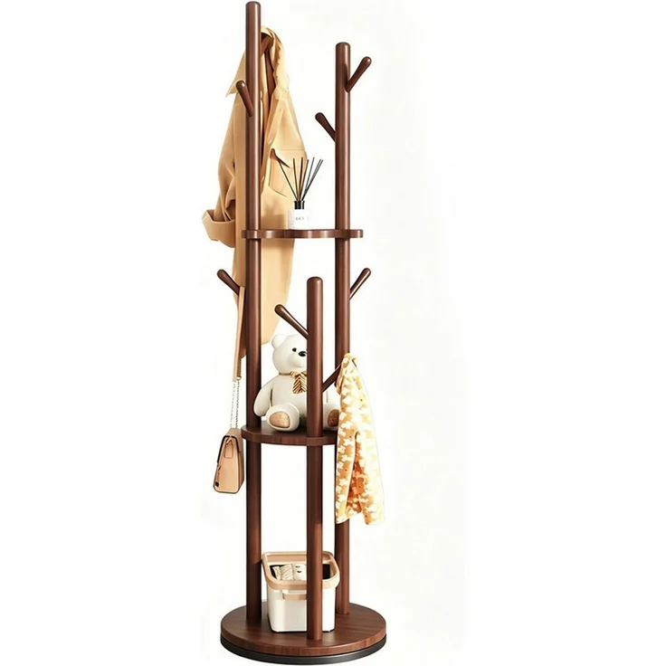 OSTWOLKE Garderobenständer Drehbarer Kleiderständer aus Massivholz mit 3 Ablage und 8 Haken, stabil & einfach zu montieren, für Flur, Schlafzimmer, 165×40×40 cm – Bild 1