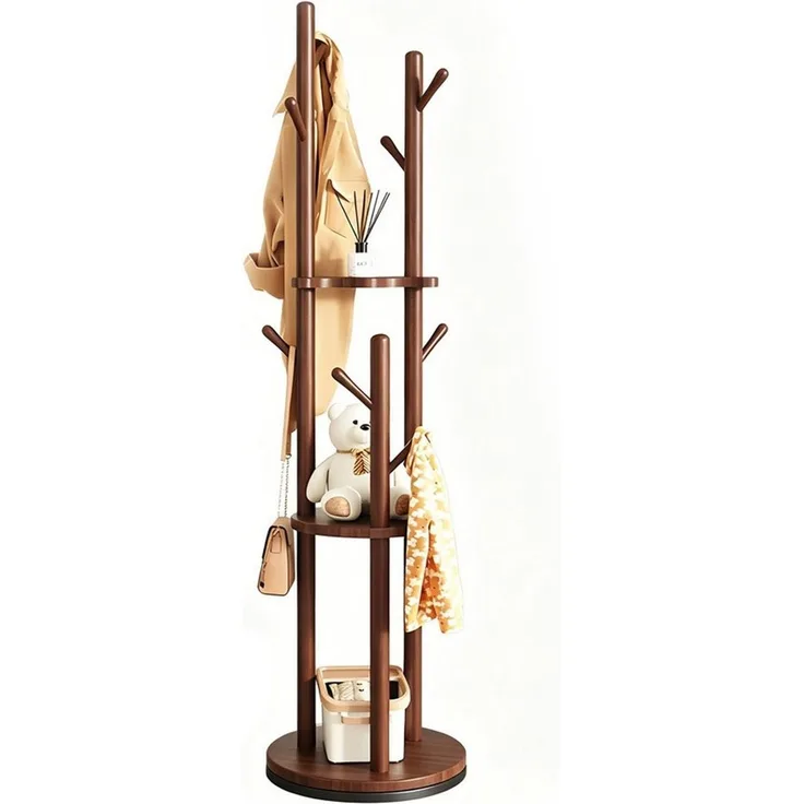 OSTWOLKE Garderobenständer Drehbarer Kleiderständer aus Massivholz mit 3 Ablage und 8 Haken, stabil & einfach zu montieren, für Flur, Schlafzimmer, 165×40×40 cm