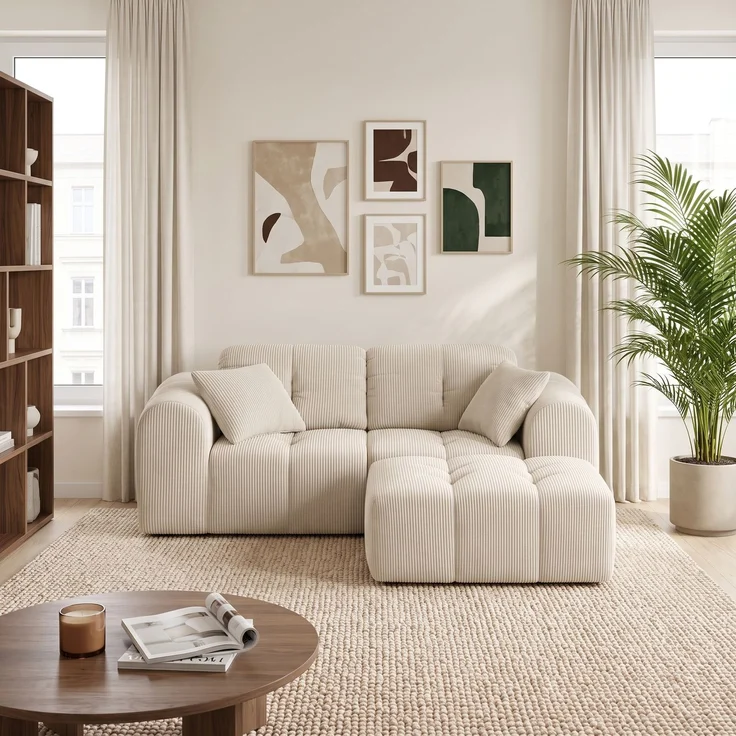 skølm 'Vanaheim' Sofa 2 Sitzer mit Hocker & 2 Kissen, Cloud Sofa Cord beige, Vollschaumcouch mit Federkern und Vakuum-Kompression, kein Aufbau erforderlich – Bild 9