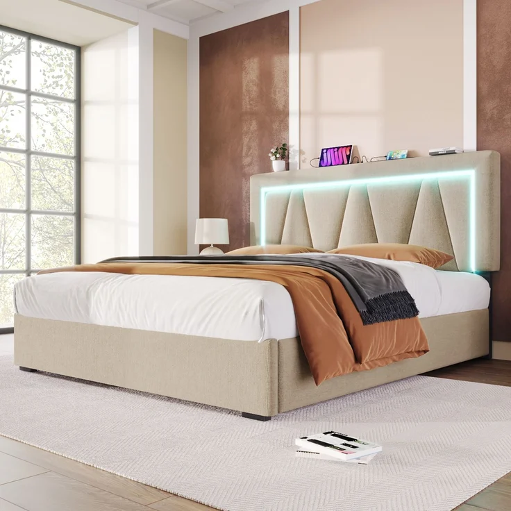 Polsterbett 160x200 cm mit verstellbarem Kopfteil, LED-Beleuchtung, USB & Type-C Ladeanschluss,Stauraum,Beige,inklusive Matratze – Bild 3