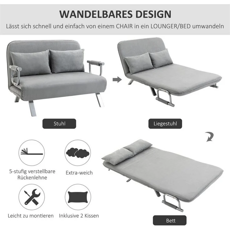 HOMCOM Schlafsofa Zweisitzer mit Bettfunktion, Einzelbett mit Kissen, Schlafcouch 1 Teile, für Wohnzimmer, Hellgrau – Bild 3