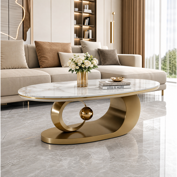 Ovaler Couchtisch 120 x 67 x 45 cm mit Tischplatte in weißer Marmoroptik und goldfarbenem Edelstahlgestell – Bild 7