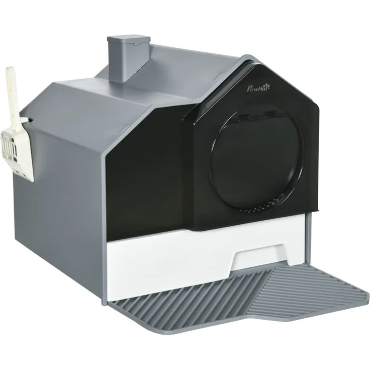 Katzentoilette im niedlichen Design, 1 Siebvorleger, 1 Streuschaufel, herausnehmbare Bodenwanne, Grau--Herde--47x45x42cm--YOUDENOVA