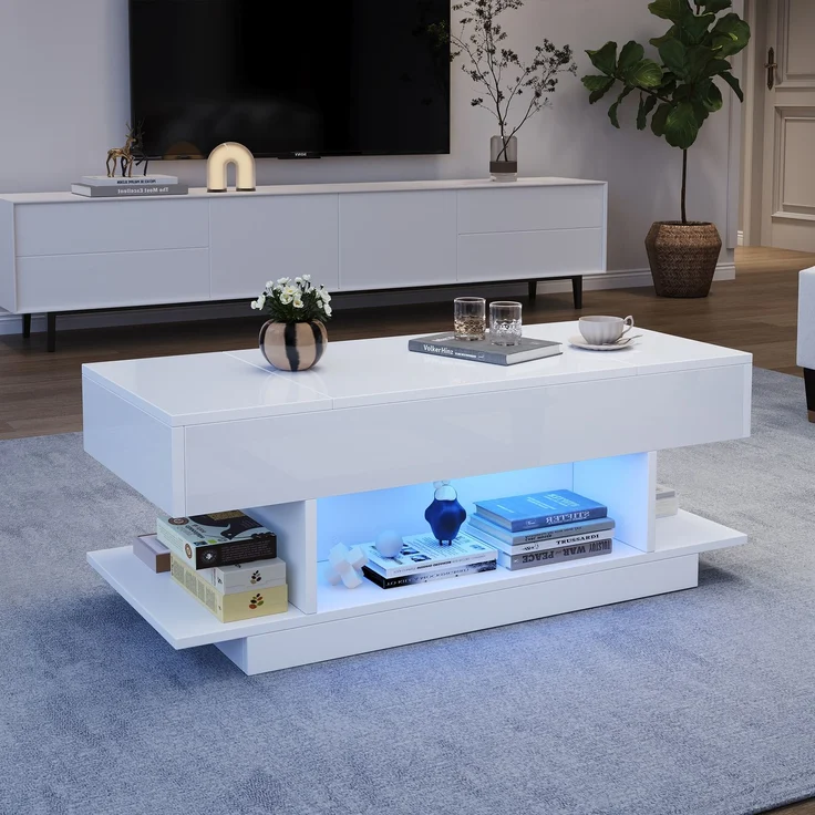 Couchtisch Weiß Hochglanz mit LED, Lift-Top Funktion, seitlichen Ablagen & 4 offenen Fächern, Wohnzimmertisch – Bild 4