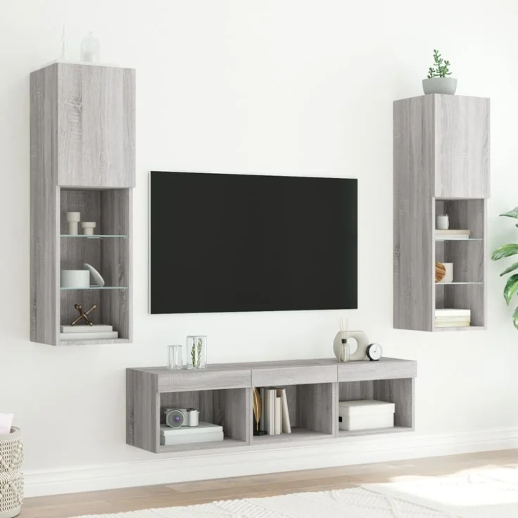 vidaXL 5-tlg. Wohnwand mit LED-Beleuchtung Grau Sonoma Holzwerkstoff 3216609 – Bild 7
