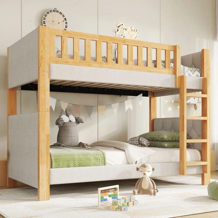Merax Etagenbett, 90x200cm Kinderbett, Weiche Antikollisions-Schwammkante, Vierstufige gerade Treppe, Stabile Lattenroste, Grau+Natur – Bild 3