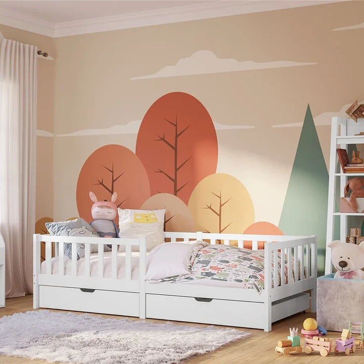 Bellabino 'Vere' Kinderbett 90x200 cm mit 2 Schubladen, weiß, Massivholz Kiefer, Jugendbett mit Rausfallschutz und Lattenrost – Bild 1