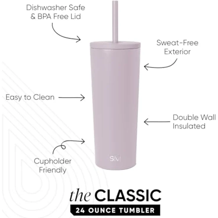 Simple Modern Thermobecher mit Strohhalm und Deckel | Trinkbecher mit Henkel Wiederverwendbare Edelstahl | Geschenke für Frauen und Männer | Classic | 710ml | Lavender Mist – Bild 2