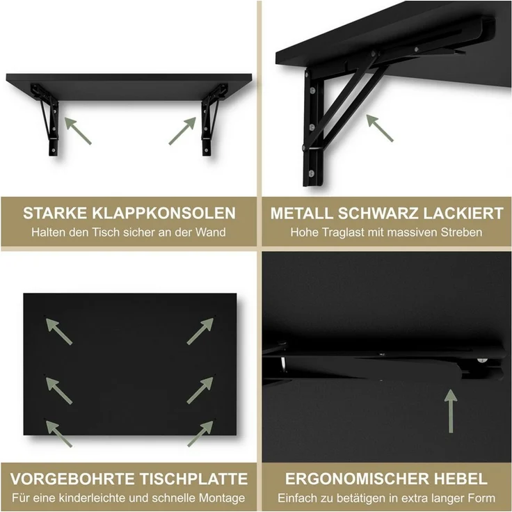 KDR Produktgestaltung Klapptisch 60x40 Wandklapptisch Esstisch Küchentisch Schreibtisch Wand Tisch, Schwarz – Bild 4