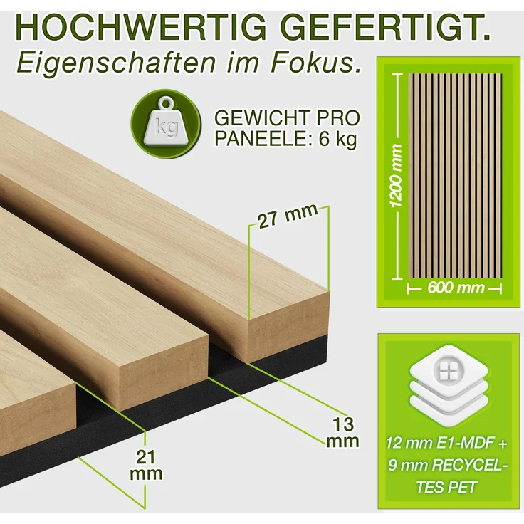 TRESKO® 2 Stück Akustikpaneele Holz 120×60 cm inkl. 4x Kleiderhaken | Wandverkleidung Eiche Hell als 3D Lamellenwand | Holzpaneele Paneele für Schallschutz | Akustik Wandpaneele mit Montageset – Bild 2