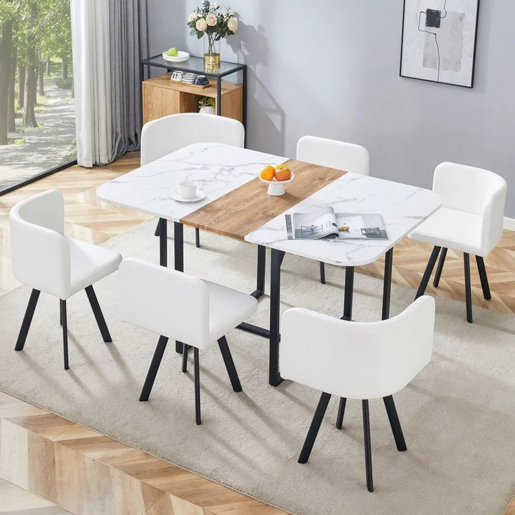 ANYSUN Essgruppe Esstisch-Set,Esstisch mit 6 Stühlen, für 4-6 Personen, (Set, 7-tlg,Tisch mit Holzmaserung-Oberfläche & schwarzem Metallgestell, Tisch mit 6 Stühlen), Esszimmerstuhl,rechteckig Küchentisch,ideal für Küche & Wohnzimmer – Bild 3