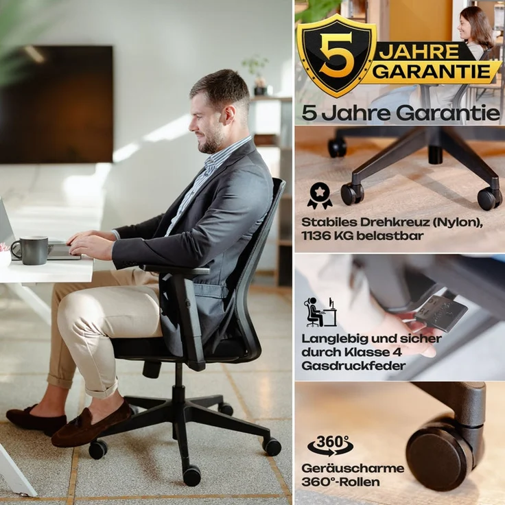 VALKENSTOL M2 Armstütze - Bürostuhl Ergonomisch Testsieger - 5 Jahre Garantie - Schreibtischstuhl ohne Kopfstütze - Computerstuhl – Bild 8