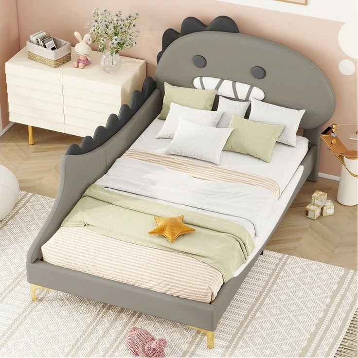 Flieks Polsterbett, Kinderbett 90x200cm mit Cartoon Dinosaurier Form Kopfteil Kunstleder – Bild 2