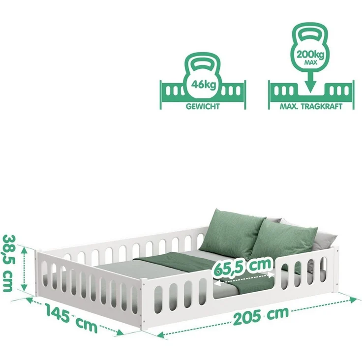 CADANI Monte 2in1 Bodenbett 140x200 cm Montessori Kinderbett Rausfallschutz abnehmbar - weiß, 46 kg schwer, bis 200 kg belastbar, extra starker Roll-Lattenrost, umbaubar – Bild 2