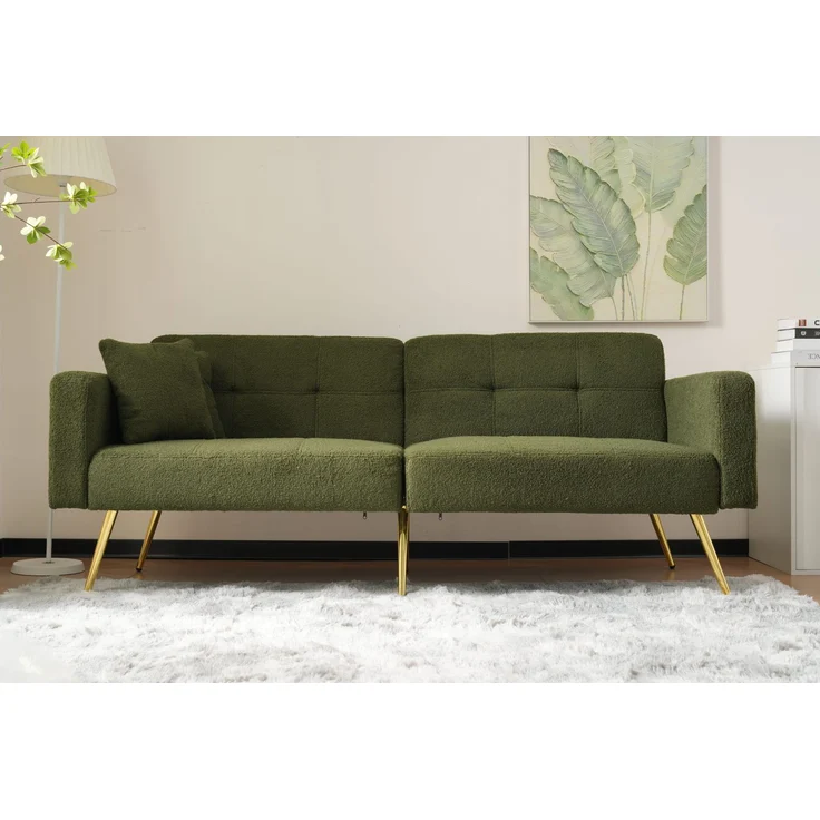 Wohnora-Schlafsofa mit Bettfunktion, verstellbarem Winkel, goldenen Beinen, mit Kissen und seitlichen Aufbewahrungstaschen,H 72cm x T 175cm x B 64cm,Antikgrün – Bild 4
