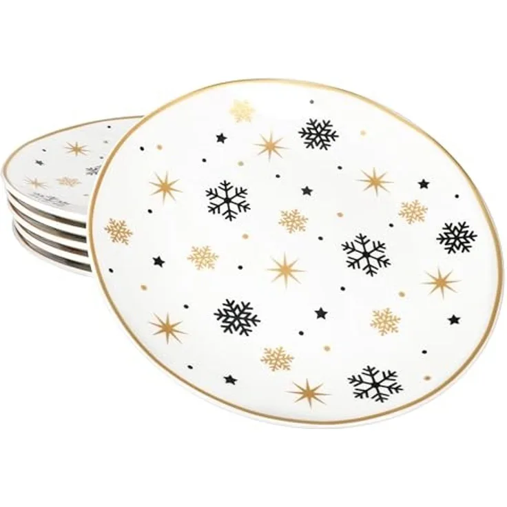 MamboCat Frühstücksteller 6x Stars schwarz & gold Kuchenteller Steingut 6 Pers. Dessertteller, Weihnachtsgeschirr, Weihnachten, Weihnachtsset, Geschirr