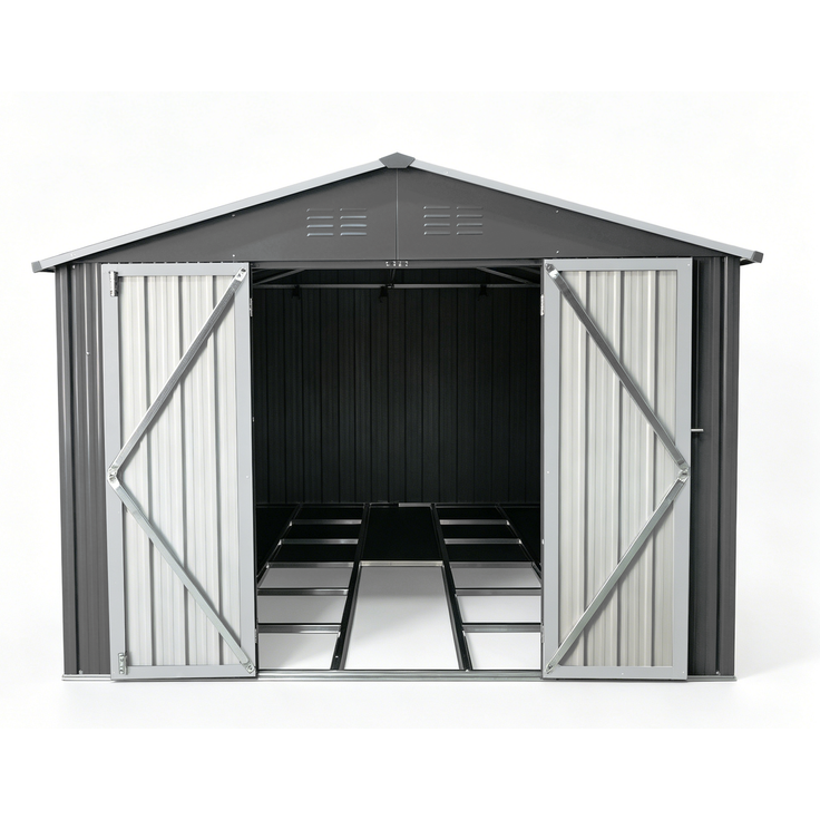 ZUBALIYA Metall-Gartenschuppen 10x8 ft mit Spitzdach in Grau als Außenlager. Der Schuppen ist mit einem integrierten Bodenrahmen ausgestattet. Grundfläche: 7,46 m² – Bild 15