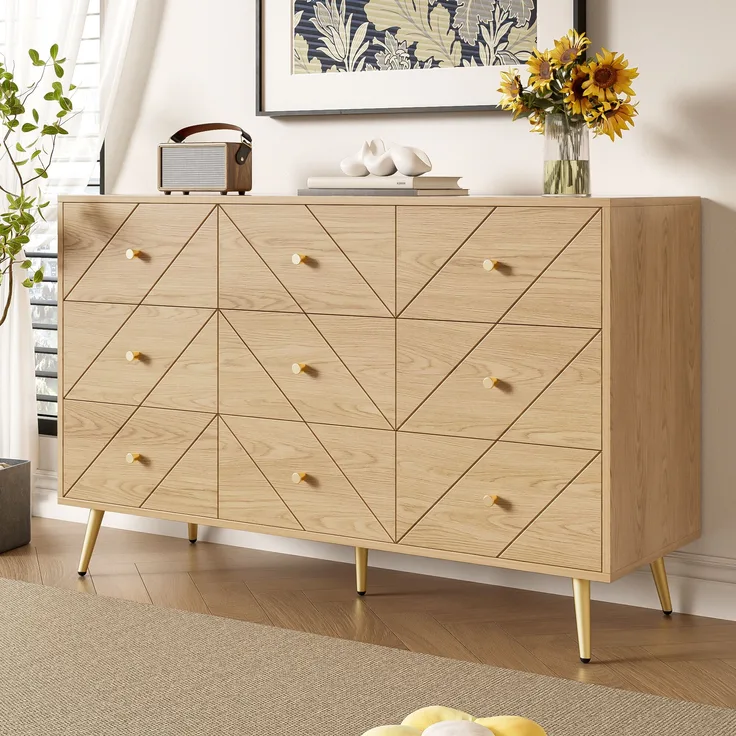 Kommode, Spanplatte mit Metallbeinen & 9 Schubladen, 120x39x80 cm, Natural