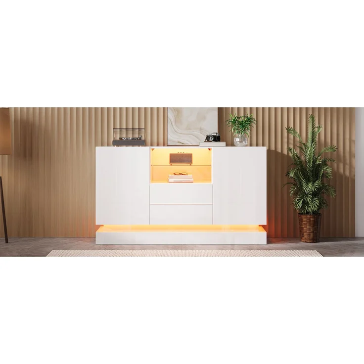 ZUBALIYA Sideboard 140x40x80 cm, mit LED-Beleuchtung, Hochglanz, mit 2 Türen, aus Spanplatte, Weiß – Bild 7