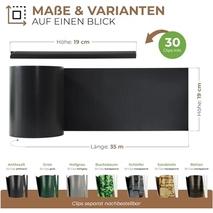 BooGardi PVC Sichtschutzstreifen · Sichtschutz Zaun 19 cm x 35 m Schiefer 3 Rollen · 450 g/m² · inkl. 30 Clips · Zaunblende für Doppelstabmattenzaun & Stabmattenzaun · Blickdicht & wetterfest – Bild 7