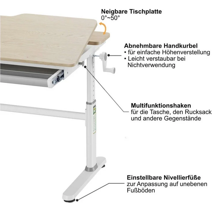 HOKO Kinderschreibtisch höhenverstellbar für Kinder ab 6 Jahren (Schreibtisch-Set, mit 90x20 cm Aufsatz, Buchstütze, 1 Schublade, Haken und Handkurbel), 100x60 cm Fläche, Klemmmontage ohne Bohren, Holzoptik, LUKA & ALVO – Bild 3