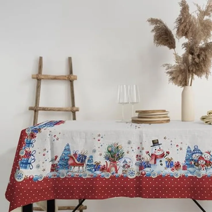 PENSIERI DELICATI, Tischdecke, 145x190 cm, Baumwolle, Rot, Schneemänner, Digitaldruck in hoher Auflösung, für 6 Personen, rechteckig