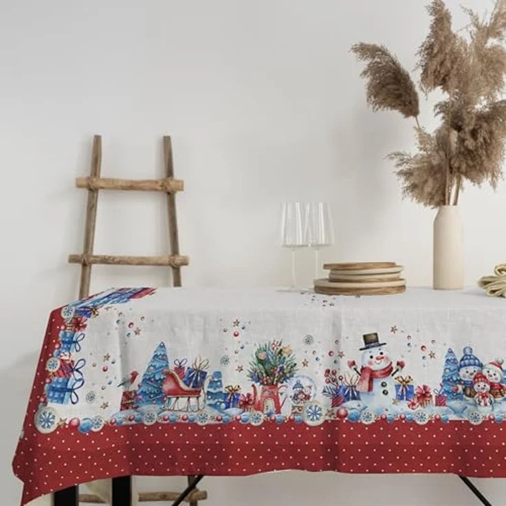 PENSIERI DELICATI, Tischdecke, 145x190 cm, Baumwolle, Rot, Schneemänner, Digitaldruck in hoher Auflösung, für 6 Personen, rechteckig – Bild 1
