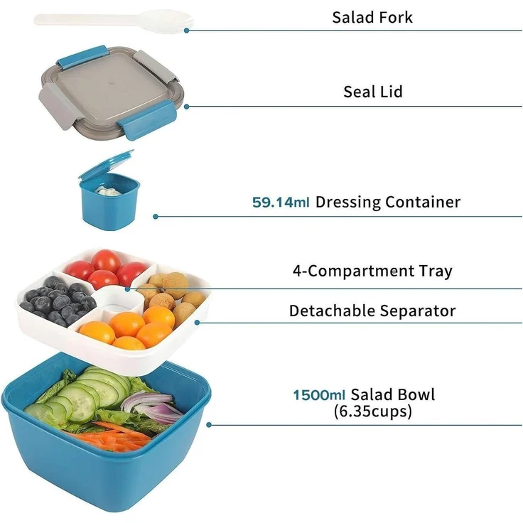 Salatbehälter 3 Fächer Salatschüssel 1500ml Dunkelblau 1500 ML Blau – Bild 2