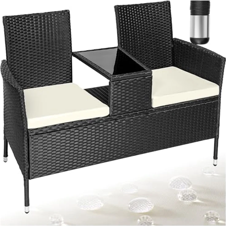 tectake 404557 Poly Rattan Gartenbank mit Tisch, 2-Sitzer Bank, 131 x 61 x 82 cm, Sitzbank für Garten Balkon und Terrasse, Gartensitzbank inkl. Sitzkissen, schwarz-beige – Bild 2