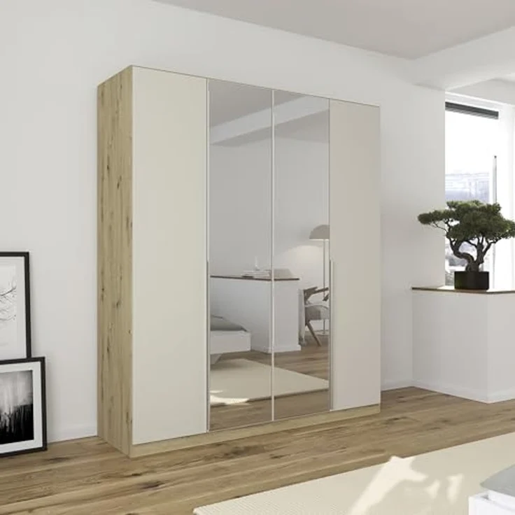 Rauch Möbel Alabama, Kleiderschrank für Schlafzimmer, Kinderzimmer, Wohnzimmer, Garderobe, Flur, 4-türig, Spiegel, mit Zubehör Classic, Farbe Beige/Eiche Artisan. Holz, Breite 181 cm – Bild 2