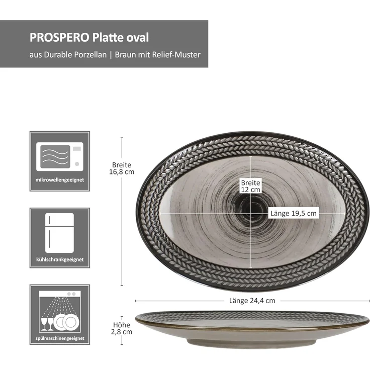 MÄSER Servierplatte Mäser Prospero 6x Platte oval 24,4cmx16,8cm braun Porzellan Relief, Porzellan – Bild 6