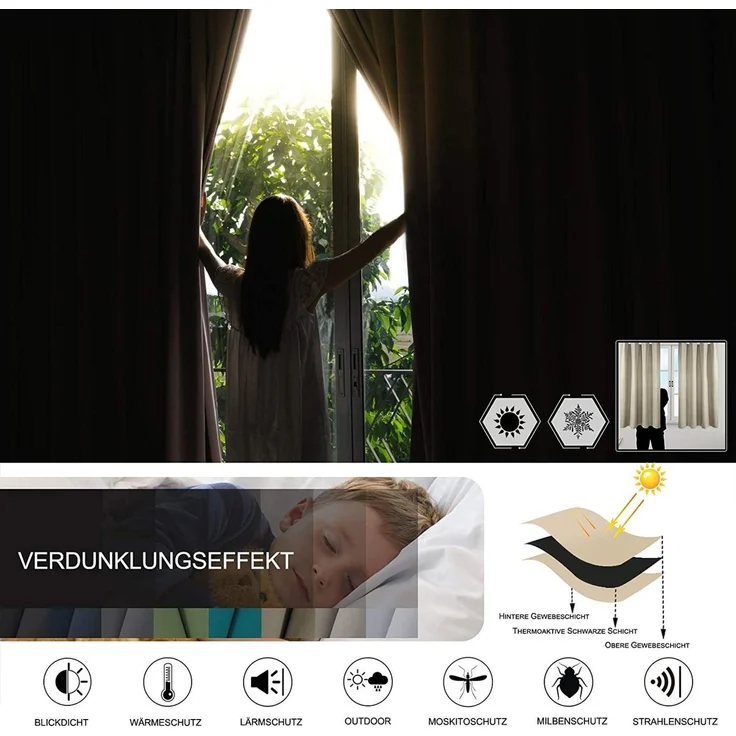 Woltu Gardine (2 St), Kräuselband für Schiene, Thermo-/Verdunklungsvorhang – Bild 3