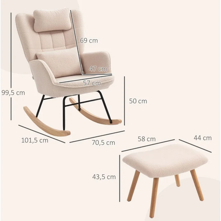 Schaukelstuhl mit Fußhocker, weicher Fleece-Bezug, Holzbeine, Kissen, hohe Rückenlehne, Schaukelsessel, Beige--Beige--101.5x70.5x99.5cm--YOUDENOVA – Bild 2