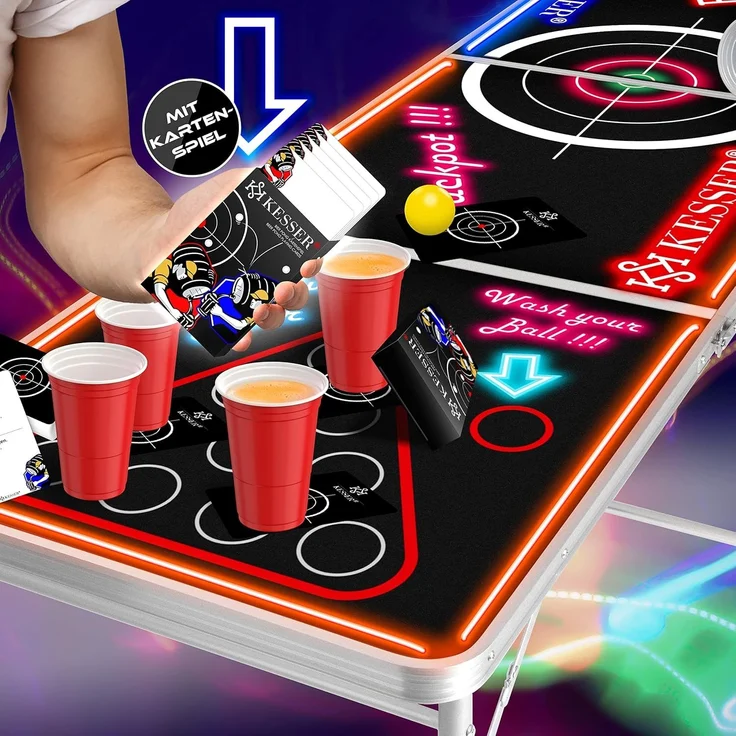 KESSER® Beer Pong Tisch Set mit LED, Kartenspiel, 100 Becher & 6 Bälle, höhenverstellbar / klappbar, Aluminium schwarz, 61 x 244 x 76 cm – Bild 3