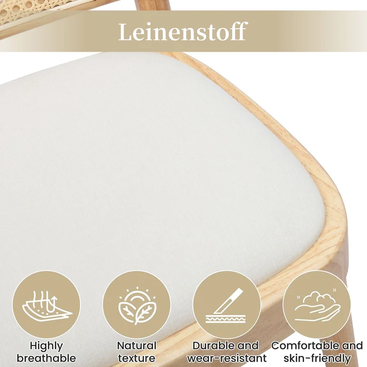 2 Esszimmerstühle aus Massivholz mit Rattan-Rückenlehnen, bequem und atmungsaktiv, geeignet für Esszimmer, Wohnzimmer, Cafés, moderner Stil, Leinen, Holzfarbe--Holz--52x45x84cm--YOUDENOVA – Bild 9