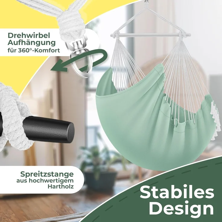 KESSER® Hängesessel mit 2 Kissen Getränkehalter & Bücherfach - Safari XXL Hängestuhl für Erwachsene & Kinder Hängematte bis 150 kg Hängesitz Aufhängung Indoor & Outdoor Wohn & Garten Terrasse Grün / Weiß – Bild 3