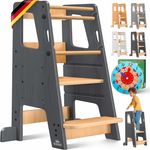 KIDIZ® Lernturm für Kinder ab 1 Jahr inkl. Lernuhr | 3-stufig Höhenverstellbarer Tritthocker aus Kiefernholz | spielerisch motorische Fähigkeiten fördern Montessori Learning Tower bis 50 kg belastbar Anthrazit / Hellbraun